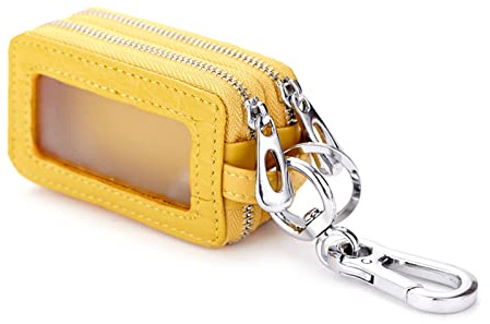 PORRASSO Estuches de Llave Cuero Clave del Coche Titular de la Caja Organizador de Llaves Portátil Doble Cremallera Key Case para Hombres Mujeres Amarillo
