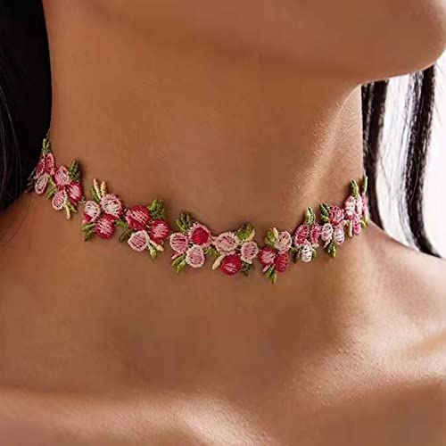 Inateannal Boho Blume Spitze Choker Halskette rosa Rose Choker Kette Vintage Blumen Choker Kragen Schmuck für Frauen Teenager Mädchen