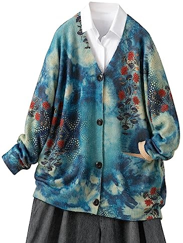 YESNO Women Cardigans Knitted Graphic Long Sleeve Jumpers V-Neck Button Sweaters Tops with Pockets XXL S01TYP3UK CR135