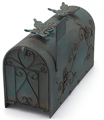 MEIYIHUI Heavy Duty Galvanized Steel Mailbox Post, Rural Mail Box Postal Storage Box with Butterfly Decoration (Vintage Green)
