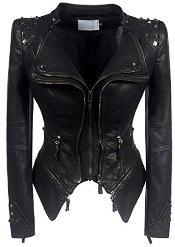 DISSA Damen Kunstleder Kurze PU Nieten‑Bikerjacke,S-4XL | metallische Nieten,gebogener Saum,verstellbare Taille,geformte Schultern,Partyausflug,geschmeidige PU‑Oberfläche