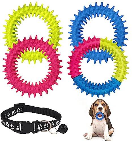4 pièces Jouets de Dentition pour Chiot avec 1 Collier de Cloche, Anneau de Pointe en Caoutchouc, Jouets à mâcher pour Le Nettoyage de la Bouche, Outils de Dressage pour Animaux de Compagnie