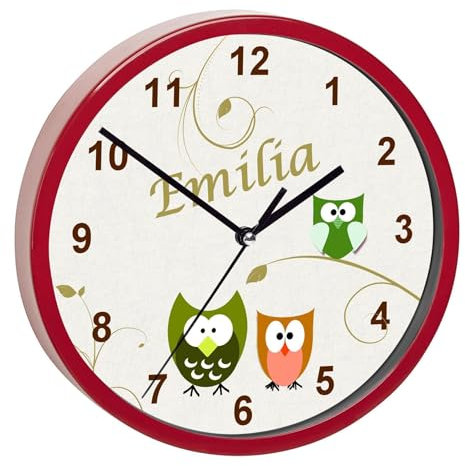 CreaDesign, Wanduhr Kinder personalisiert mit Name, Motiv Eule grün orange, Rahmen Wanduhr rot, Ø 19,5 cm