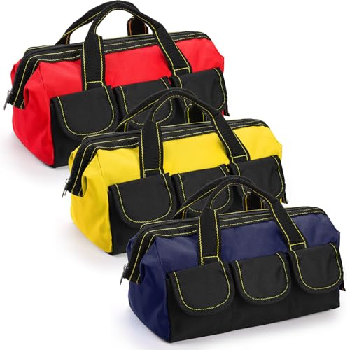 Mezchi 3 Pack 12/ 30cm 5 Pockets Tool Bag, Wide Mouth Tool Tote Bags with Waterproof Base, Heavy Duty Tool Storage Bag Organizer for Home Repairs, Various Tools, Blue, Yellow, Red