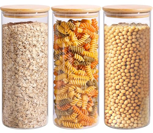 ComSaf 1.6L Glass Storage Containers with Lids, Glass Jars with Bamboo Lids, Clear Food Storage Jar, Round Canister Set of 3, Pantry Organizers and Storage for Pasta Flour Rice Tea Coffee Bean