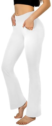 SINOPHANT utsvängda yogabyxor, damleggings, hög midja, slagbyxor, ogenomskinliga leggings, bootcut, joggingbyxor med fickor, Vit, S