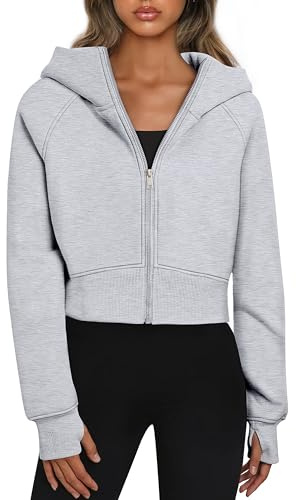 Timuspo Damen Cropped Hoodie Kurz Sweatjacke mit Kapuze Zip Up Kapuzenjacke Fleece-Innenfutter Kapuzenpullover Reißverschluss Herbst Winter Sweatshirt Jacke