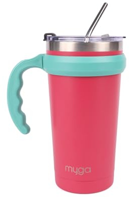 Myga Insulated Cup with Straw, Flip Top Lid and Handle - 590ml Stainless Steel Double Wall Travel Mug Tumbler Bottle for 12h Hot and 24h Cold Drinks Reusable BPA Free - 20oz, Pink