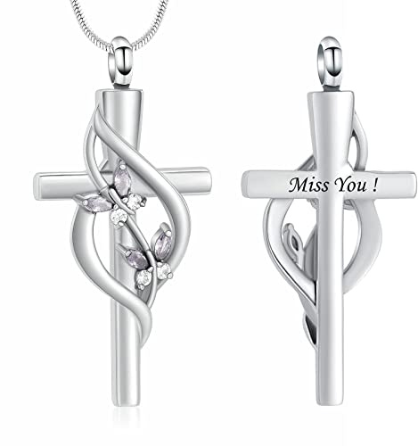 Minicremation Collar de urna de cremación para cenizas, colgante conmemorativo de cruz de mariposa de cristal para mujeres y niñas, regalos de recuerdo, cruz funeraria, medallón de urna, Acero