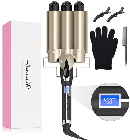 Hair Waver 1 1/4 Inch Crimper for Large Loose Waves, AIMERVO 3 Barrel Curling Iron 1.25, 15 Heat Settings 170-450°F for All Hair Types, Ceramic Jumbo Curling Wand, Dual Voltage, for Mid to Long Hair