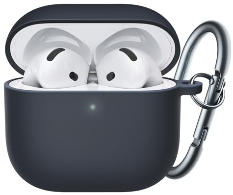 JETech Cover in Silicone per AirPods 4, con Portachiavi, Nero | Interno PC Rigido, Custodia Protezione Antiurto, LED Frontale Visibile