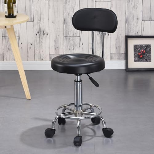 OSKOPWRC Rollhocker, höhenverstellbar, Rollsalonhocker mit Rollen, drehbarer Rückenlehne, Hocker für Schönheit, Tattoo, Nageltechnik, PU-Ledersitz für Spa, Massage, Büro, Schwarz
