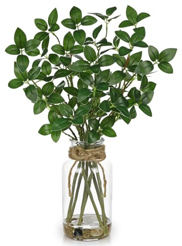 Arborus 16 Artificial Olive Plants in Glass Vase 40cm Faux Olive Branches in Vase with Faux Water & Pebbles Small Fake Plant Silk Greenery for Home Office Table Centrepiece Boho Bathroom Décor