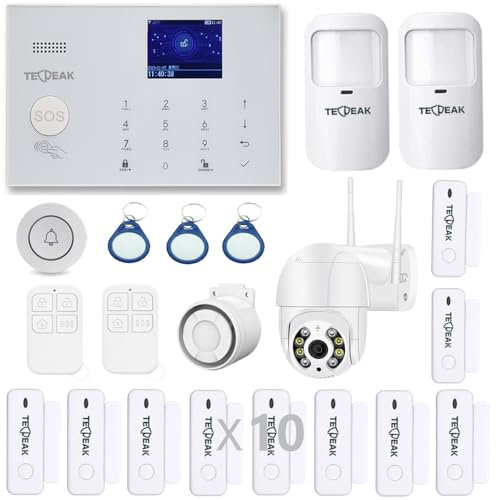 Sistema di allarme GSM/WLAN completo con telecamere di sorveglianza, sistema di allarme TECPEAK casa, sicurezza domestica, con telecamera esterna 1080P
