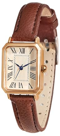BESTKANG Leather Strap Watches for Women Elegant Dainty Ladies Watch Vintage Rectangle Women Quartz Wrist Watch (Brown Gold)