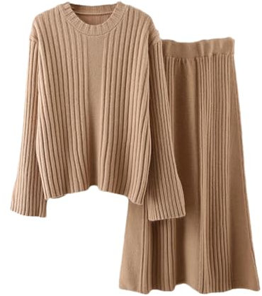 2-teiliges Strickset für Damen, Rundhalsausschnitt, Pullover, Röcke, Strick-Outfits, khaki, Einheitsgröße