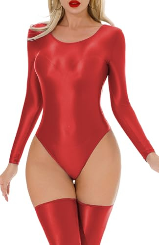 Panegy Womens Shiny Metallic Dance Leotard One Pieces Long Sleeve Wet Look Bodysuit Red Medium