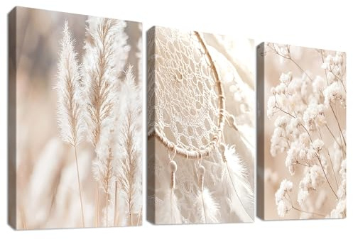 3 Pcs Cadre en Bois Impression sur Toile Beige Herbe de la Pampa Tableau Image sur Toile Poster Gypsophile Botanique Peinture Tableau Decoration Murale Salon Chambre Salle de Bain 30x40cm x3pcs