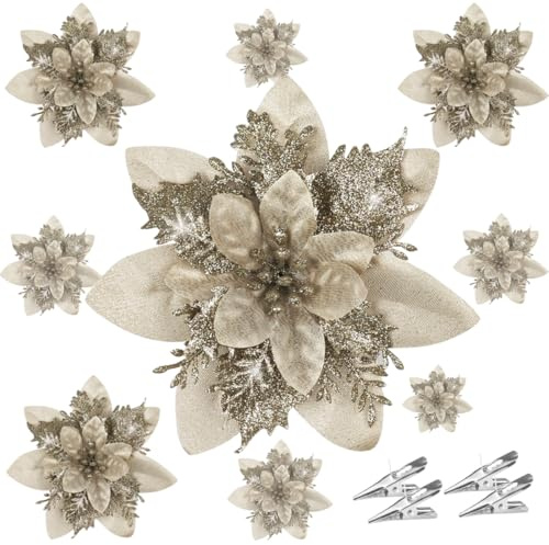 SHSMPXOY 20 PCS Kunstblumen Weihnachten Glitzer Weihnachtsstern Blumen mit Clips Christmas Tree Flowers Künstliche Weihnachtsdeko Blumen Christbaumschmuck Hochzeitsdeko Neujahr Ornamente (Champagner)