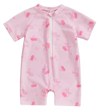 BABWWNIX Baby Boy Girl One Piece Swimming Costume Rash Guard Swimwear Short Sleeve Zipper Swimsuit Sunsuit 50+ Sun Protection (Pink, 18-24 Months)