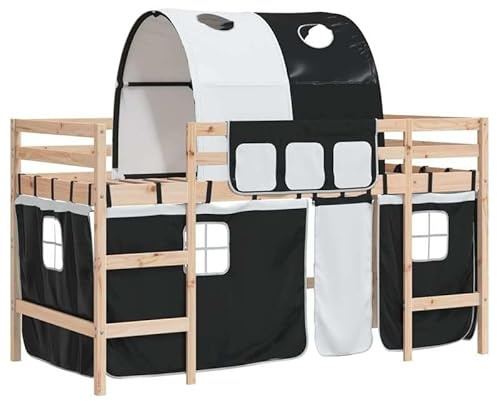 Eleganz Kinderhochbett mit Tunnel | 90x190 cm | Kiefernholz | Weiß & Schwarz | Stabiles Spielbett mit Rutsche | Platzsparend für kleine Räume | Perfekt für Kinderzimmer