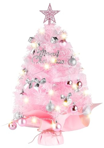 XPJBKC Mini Christmas Tree with Lights, 60CM Small Pink Christmas Tree with Star, Ball christmas Ornament, Artificial Tabletop Mini Xmas Tree Decorations for Home Office Desktop Party