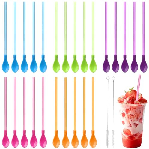 12 Wiederverwendbare Strohhalme Löffel, Edelstahl Trinkhalmlöffel | 21.8 cm, 2-in-1 Löffelstrohhalme Edelstahl mit 2 Bürsten für Cocktails, Fruchtsmoothies und Milchshakes
