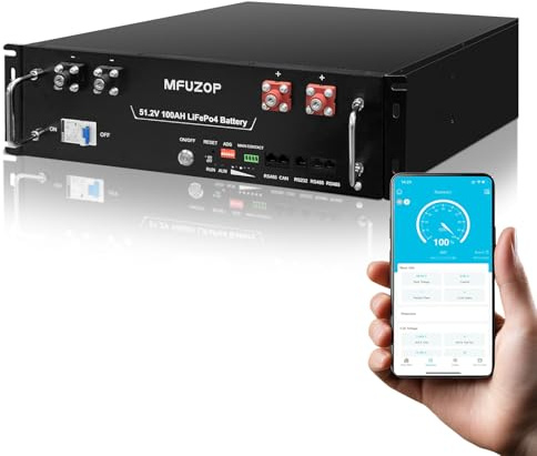 MFUZOP 48V 100Ah LiFePO4 Lithium Batterie, 5,12KWh 3U Server Rack Akku, RS485/CAN, mit 100A Smart BMS, Bluetooth & Mobile APP, 15,000+ Zyklen, für Solar, Off-Grid, Haushalt, Energiespeicher