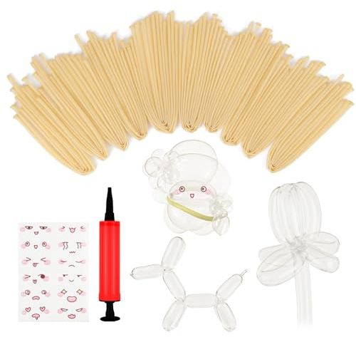 AOOTE Globos Largos,100 Piezas Globos para Modelar,DIY Largo Forma Globos con 1 Bomba de Aire Manual y 1 Pegatina de Expresión,Globo Largo del Látex para Animales,Bodas,Decoración de Fiestas