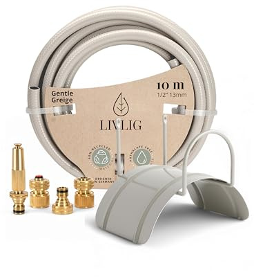 LIVLIG Gartenschlauch 10m Set Greige, Premium Wasserschlauch 1/2 Zoll | Schönes Bewässerungsset inkl. Schlauchhalter & Gartenspritze Messing, Idealer Bewässerungsschlauch mit Anschluss