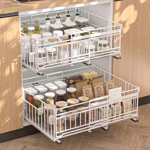 Vankarr 2 Piezas Cajones Extraibles para Cocina Bandeja Extraible Armario cajon Telescopico Cocina,Ancho Ajustable 32.5-50cm,Para Almacenaje y Organizador en Hogar Blanco