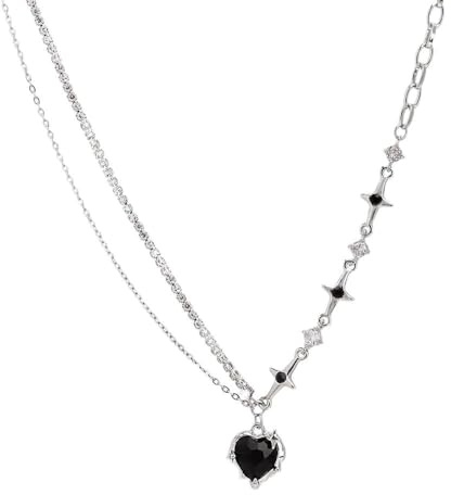 Niaspi Collana con ciondolo a forma di cuore in cristallo nero per donne, punk incrociato, stella, vintage, a forma di cuore, gotico, asimmetrico, compleanno, cocktail, feste, accessori regalo