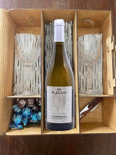 Caja para botellas (vacía o completa) de madera artesanal, compartimentos para botellas, 2 copas, abrebotellas, dulces, personalizable con grabado, decorada con uvas (CHARDONNAY BOX COMPLETA)