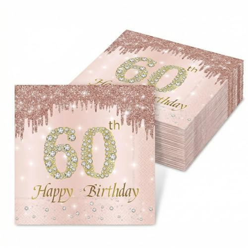 ZingBox Servietten 60. Geburtstag Rosa 20 Stück Tischdeko 60. Geburtstag Frauen Papierservietten Geburtstag mit Diamanten Design Happy Birthday Servietten 33x33 cm Partydeko