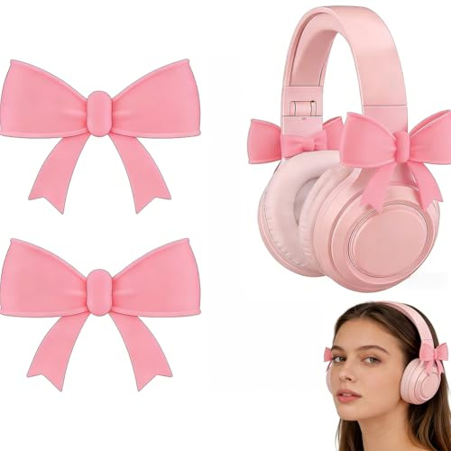2 Pack Pink Bow Decor Headphone Accessories Cute 3D Printed Bows Coquettish Headphone Attachment Accessories Christmas Gamer Gift for Her Women Gamers Streamers (Pink)