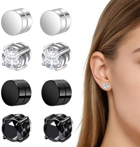 ZZHBOO 4 Paia di Orecchini Magnetici Multifunzione a Clip Senza Foro - Nuovi Orecchini Finti con Zirconi in Acciaio Inossidabile, Coppia Argento e Nero, Per Uomo e Donna
