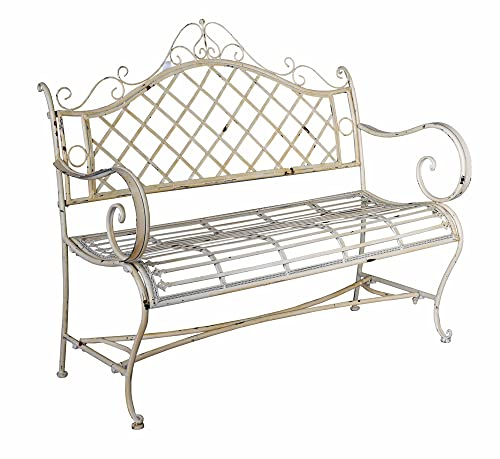 Gartenbank SHABBY CHIC GARTEN Weiß Eisenbank 114 cm Vintage Sitzbank Patiniert Antikoptik Schmiedeeisen Romantisch Landhausstil Nostalgie Metallbank Deko Garten Terrasse Ornament Bank Outdoor