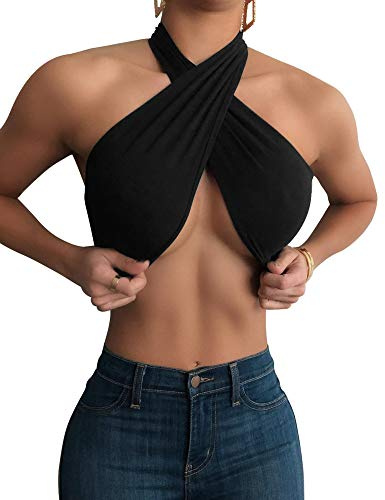 Mokoru Women's Sexy Sleeveless Halter Criss Cross Tank Crop Tops Self Tie Backless Cami, S/M, Black