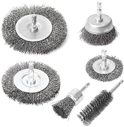 6Pack Drahtbürsten für Bohrmaschine & Akkuschrauber, 3x Scheibenbürsten (50/75/100 mm) + Topfbürste 50mm + Pinselbürste 25mm + Zylinderbürste 28mm für Rostentfernung, Polieren, Schleifen & Entgraten