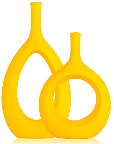 LCCCK 30 cm Hoch Vase Gelb Satz Von 2, Modern Keramik Vasen Klein Tischdeko Gelb Vase aus Keramik, Gelb Vasen, Heimdekoration, moderner minimalistischer Kreis mit Loch
