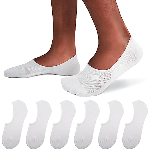 SIXDAYSOX 6 Pairs White No Show Socks Men 10-13 Low Cut Invisible Cotton Non Slip Socks for Loafers, Sneakers, Flats