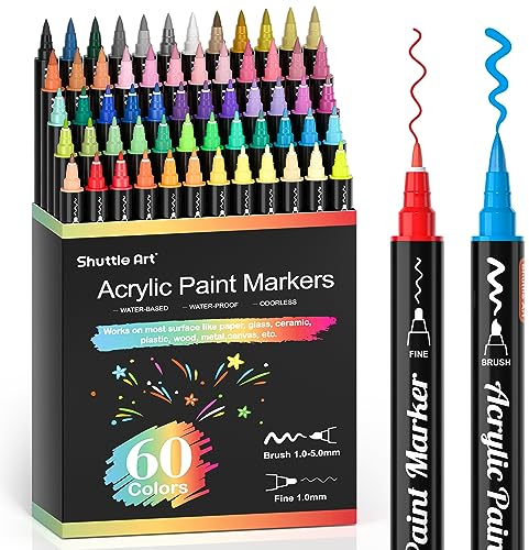 Shuttle Art 60 Farben Acrylstifte für Steine wasserfest, Steine bemalen Stifte Set, doppelköpfige Acrylmarker mit Pinsel & feine Spitze, Acryl Stifte für holz, Ostereier, Glas, Keramik, Leinwand