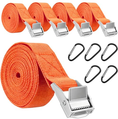 Spanngurt Befestigungsgurt,5 Stück 25mm×1.5m Spanngurte Zurrgurt kurz mit 5 Stück Karabinerhaken,Zurrgurte mit Ratsche Verstellbare für Auto Fahrrad Motorrad Gepäck Camping (orange)