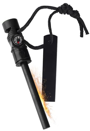 Feuerstahl Outdoor Feuerstein Survival Set, Wasserfester Magnesium-Feuerstarter mit Kompass, Pfeife, Feuerstarter mit Paracord Feuerstein Feuerzeug für Wandern/Camping/Outdoor
