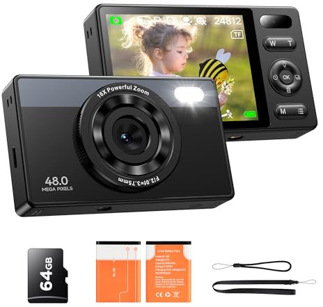 Fotocamera Digitale Bambini Compatta 64GB: 48MP Fotografica Anti-Shake Fotocamera Vlogging per YouTube 16X Digital Zoom Photo Filtrazione Ripresa Continuo Automessa a Fuoco Fotocamera