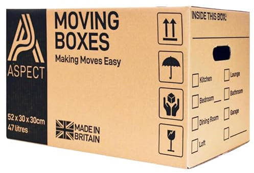 Aspect 5 Strong Large Cardboard Storage Packing Moving House, 20.5 x 11.8 x 11.8 House Storage Packing Boxes With Carry Handles and Room List - 47 Litres