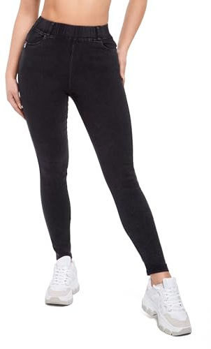 FUTURO FASHION Damleggings, imitationsjeans, jeggings med smal passform, byxor med hög midja, denim leggings med fickor S-2XL, Svart, M/L