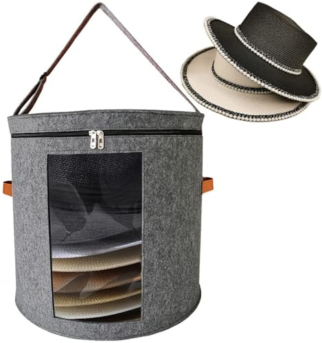 HEYANN Grande boîte de rangement ronde en feutre - 48 cm x 42 cm - Pliable - Avec couvercle - Organisateur de chapeaux avec poignées - Pour chambre à coucher et voyage (gris foncé)