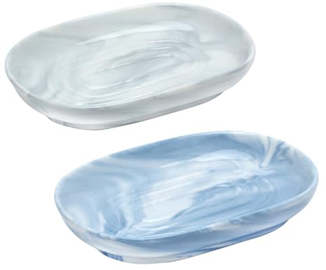 Ceramic Soap Dish 2‑Pack, Anti‑Slip Oval Marble Soap Tray Holder Container Box Dish Set Sponge Dish Scrubbers Tray Anti‑Mould for Bathroom, Kitchen, Sink, Shower