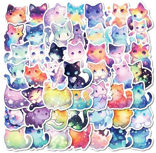 Aribliseza Cat Stickers, 100 Pieces Kawaii/Holographic Vinyl, for Water Bottle/Laptop/Scrapbook, Classroom Rewards